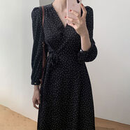 韓國chic復古優(yōu)雅顯瘦V領(lǐng)交叉側邊系帶收腰一片式小碎花連衣裙女 黑色 S S