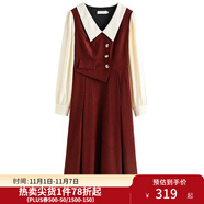 獨(dú)束大碼女裝假兩件撞色襯衫領(lǐng)連衣裙女秋冬微胖mm文藝復(fù)古穿搭裙子 勃艮第紅【適合160左右】 L