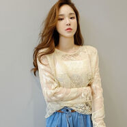 現寶蓮韓國風(fēng)格高端女裝上衣重工釘珠百微透視t上衣亮片甜美搭長(cháng) 杏色 杏色 均碼 均碼