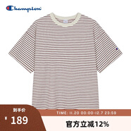 Champion冠軍短袖男美式復古條紋男女純棉圓領(lǐng)T恤上衣 淺卡其條紋 L