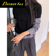 Bmuvlss復古麻花紋純色泡泡袖針織衫毛衣女2025秋季新款小眾百搭顯瘦上衣 黑色 黑色 均碼