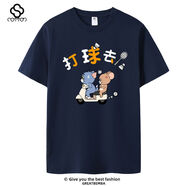 無(wú)疆妙品新款卡通印花打羽毛球文化衫短袖T恤男女款運動(dòng)休閑情侶大尺碼夏 貓和老鼠打羽毛球白字-藏青 S 短袖S