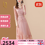 OLJ高檔品牌連衣裙女2025年夏季新款氣質(zhì)重工繡花網(wǎng)紗鑲鉆刺繡裙子 粉色 XL
