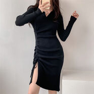 春秋冬新款歐美針織連衣裙女修身純欲風(fēng)緊身打底毛衣包臀短裙子 （黑色） 均碼  80-120