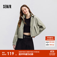 森馬外套女短款寬松小個子鹽系春季ins潮流可拆卸連帽夾克戶外風 灰綠色調00324 L