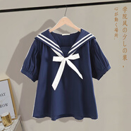 小紅書(shū)爆款韓國風(fēng)格初高中女生時(shí)尚海軍領(lǐng)短袖襯衫休閑褲套裝 藏青底白蝴蝶結短袖 L[105-115斤] 均碼