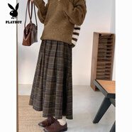 花花公子（PLAYBOY）學(xué)院風(fēng)復古格子半身裙秋冬款毛呢森系長(cháng)款百褶裙胖m大擺a字傘裙子 咖色 L （115-130斤）