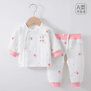 肯萌貝比初生嬰兒純棉秋衣套裝寶寶偏襟長(cháng)袖上衣春秋款男女可調開(kāi)檔褲子 粉小兔 均碼 73cm(【建議13-17斤】)