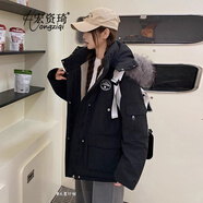 宏資琦大毛領(lǐng)派克服女冬季棉服外套2025年冬季新款加絨加厚工裝棉衣棉襖 黑色 M （建議106—119斤）