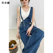 月半晴（YUEBANQING）不對稱(chēng)小腰包牛仔背帶褲女秋季2025新款設計感金屬扣百搭闊腿褲女 藍色【版】 M 100-112