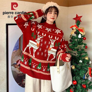 皮爾卡丹秋冬加厚圣誕節麋鹿紅色毛衣女2025新款慵懶風(fēng)寬松外穿套頭針織衫 小鹿 紅色 M 建議95-110斤