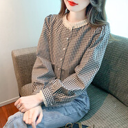 燕潯襯衫女秋季2025新款女裝復古圓領(lǐng)蕾絲高級感氣質(zhì)百搭格子襯衫女 格子 L 建議106-120斤