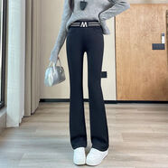 紫淑M字母腰頭黑色微喇褲女秋冬高腰顯瘦顯高垂感休閑喇叭褲 黑色-九分 不加絨 S 體重90-104穿