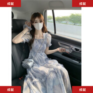 ANTCITY 202026年夏季新款顯瘦溫柔風(fēng)法式碎花長(cháng)裙超仙女甜美公主連衣裙 藍 M