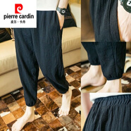 皮爾卡丹（pierre cardin）亞麻褲子男夏季薄款棉麻九分褲痞帥中國風(fēng)休閑褲高街時尚大碼 黑色. L