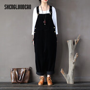 圣羅地奧背帶褲大碼燈芯絨背帶褲女寬松長(cháng)褲色文藝大襠連體垮褲2025春秋新 黑色 XM燈芯絨 均碼