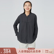 斯琴女裝春夏多色純棉花邊圓領(lǐng)捏褶開(kāi)衩下擺休閑襯衫上衣AFCS003 黑色 S