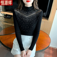 恒源祥鏤空針織衫秋冬半高領(lǐng)長(cháng)袖網(wǎng)紗新款套頭針織洋氣修身打底毛衣上衣 黑色 XS