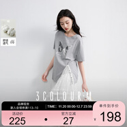 三彩2025夏季新款亮片蝴蝶T恤開(kāi)叉圓領(lǐng)寬松落肩袖套頭衫休閑M