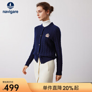 Navigare意大利小帆船女士毛衣秋冬季新款純綿羊毛長(cháng)袖開(kāi)衫通勤針織外套 海軍藍 M