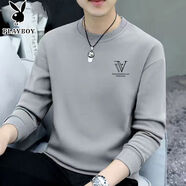 花花公子（PLAYBOY ESTABLISHED 1953）男士套頭衛(wèi)衣圓領(lǐng)百搭秋季打底衫穿面秋衣中青年潮流上衣 V淺灰 【單件裝】 M  【80-100斤】