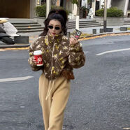 京嚴甄選拼色花朵羊羔毛棉服外套女韓國覆古立領(lǐng)秋冬加厚保暖減齡 咖啡色 S S