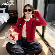 紅色絞花針織毛衣開(kāi)衫女2026春季新款小香風(fēng)百搭顯瘦短款毛衫外套