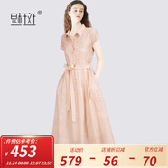 魅斑法式文藝風(fēng)氣質(zhì)名媛連衣裙中長(cháng)款2025夏季新款今年流行襯衫裙 粉色 L
