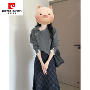皮爾卡丹（pierre cardin）灰色翻領(lǐng)毛衣女秋冬2025秋季新款蕾絲拼接長(cháng)袖針織衫套頭短款上衣 灰色 【高品質(zhì)版】 M 建議95-105斤