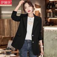 伊婭莎休閑小西裝外套女春秋時(shí)尚修身顯瘦小個(gè)子短款氣質(zhì)開(kāi)叉西服女上衣 (常規)黑色西裝 XL 推薦115-125斤