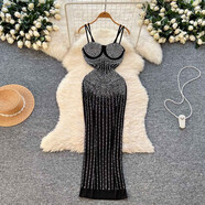 晚會(huì )派對禮服女高端優(yōu)雅重工鑲鉆吊帶修身顯瘦歐美抹胸吊帶連衣裙 黑色 S