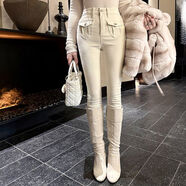 2025秋冬新款褲抓絨韓女超愛(ài)小腳褲立體口袋牛仔褲純欲緊身褲 杏色 XS