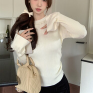 香影芬絕美釘珠高級打底衫女秋冬法式喇叭袖針織衫內搭修身毛衣洋氣上衣 米白 S (建議95斤以?xún)?