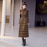 羅蒙小香風(fēng)格子吊帶連衣裙女2025春秋復古毛呢背帶裙兩件套裝長(cháng)裙子潮 格子裙(配咖毛衣) M