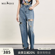 謎底破洞牛仔褲女夏新品復古BF風(fēng)親膚透氣直筒褲242MK0614 中藍 L