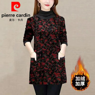 皮爾卡丹（pierre cardin）長(cháng)袖t恤女加絨加厚秋冬季媽媽裝衛衣新款洋氣半高領(lǐng)中長(cháng)款打底衫 紅色花【加絨加厚】 4XL 160-175斤