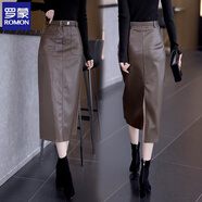 羅蒙秋冬裙子2025新款pu皮裙大碼半身裙高腰中長(cháng)款直筒一步包臀裙長(cháng)裙 咖色贈送腰帶 2XL 125-135斤