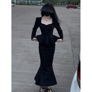 園翌春秋季2025年赫本風(fēng)魚(yú)尾黑色連衣裙修身顯瘦小香風(fēng)兩件套裝女 黑2件套 S