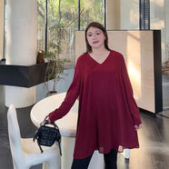 早春新款大碼女裝v領(lǐng)A字雪紡衫加肥加大胖妹妹mm寬松遮肚長(cháng)袖上衣 紅色 2XL 2XL