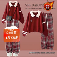 莞町初中生12-15歲女孩本命年衣服紅色套裝馬年新年戰袍2026新款女童 紅色上衣+紅格子褲（加絨加厚） 160 cm