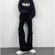 菲尼東爵高街vibe風(fēng)牛仔褲男女新款潮流直筒寬松拖地微喇叭褲子小眾設計感 黑色 +顯顯瘦T19 S