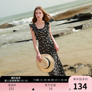 三彩2025秋款U領(lǐng)浪漫碎花雪紡裙印花大擺連衣裙長(cháng)裙M 黑米花卉 M 160/84A