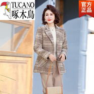 啄木鳥(niǎo)（TUCANO）新品洋氣中年媽媽裝毛呢外套春秋中長(cháng)款小西裝氣質(zhì)格子中老年女裝 粉色旗艦款 XL _【建議80-105斤】