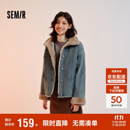 森馬（Semir）牛仔棉服女拼接毛領(lǐng)美式復(fù)古2024冬寬松毛邊夾克街頭109724108017