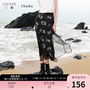 三彩2025夏季新款新中式印花半身裙歐根紗高腰長(cháng)裙復古女 黑色花卉 M