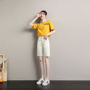 京東甄選米白色高腰牛仔短褲女夏季2025新款薄款黑色直筒五分寬松 米白色 25 25