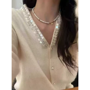 實(shí)拍亮片釘珠V領(lǐng)韓國女子疏織針織基礎款短款長(cháng)袖外套毛衣開(kāi)衫 牛奶白 M M