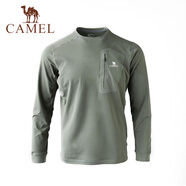 駱駝（CAMEL）男裝長(cháng)袖t恤圓領(lǐng)速干衣男款秋冬加絨保暖寬松休閑打底衫上衣 墨綠色 M