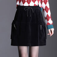工裝裙短裙女秋冬新款條絨2024復古休閑燈芯絨松緊高腰花苞半身裙 黑色 M M體重90-100