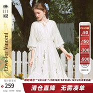 兩三事梵高文藝迷霧芳影2025春季新款法式蕾絲拼接燈籠袖繡花連衣裙 白色 L